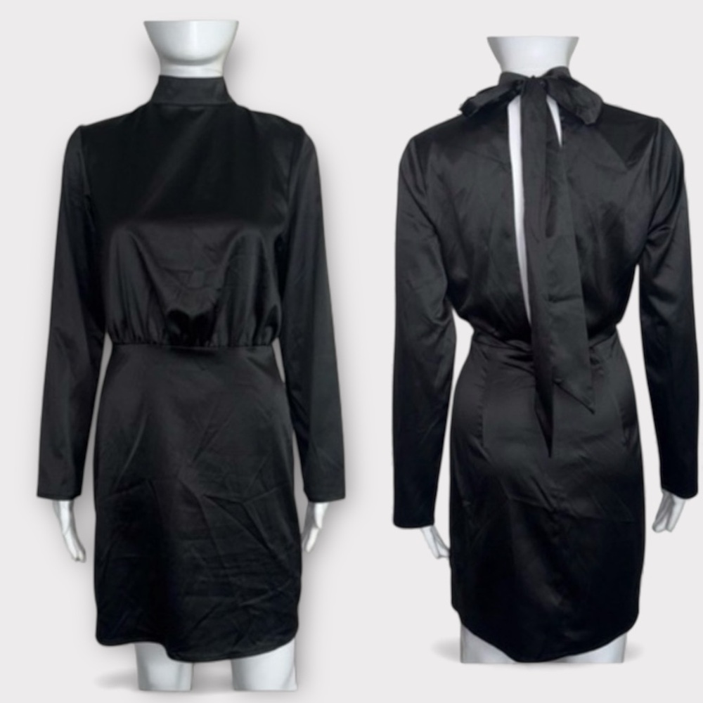 NWT Commense Black Long Sleeve Mock Neck Tie Back Bodycon Cocktail Dress, Large